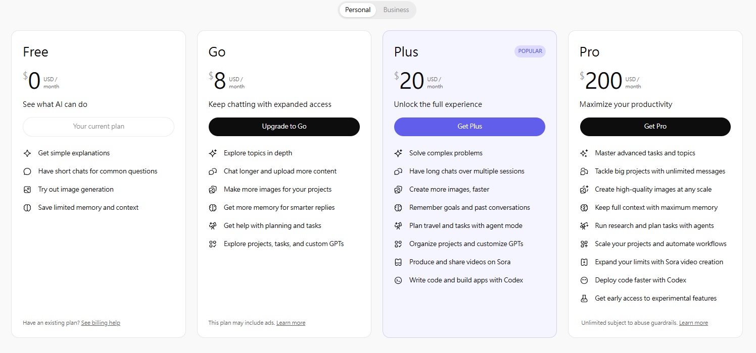 最新AI工具消息:ChatGPT Go 比較